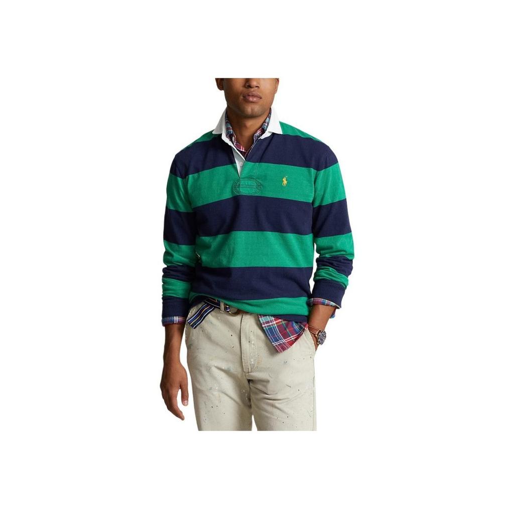 Polo Ralph Lauren Polo Color Block Striped Logo Embroidered Loose Long Sleeve Polo Shirt Men Tops Slope-Green MNPOKNI16823527-410