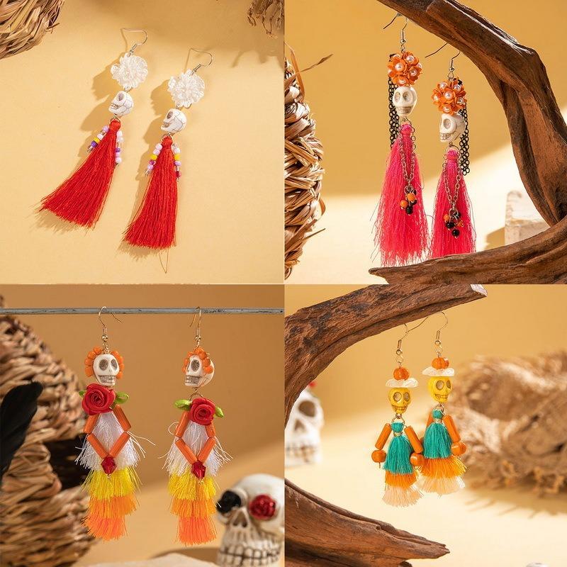 Funny Ethnic Flower Skull Drop Earrings for Women Creative Gothic Punk Long Tassel Earring Halloween Party Festival Jewelry Gift