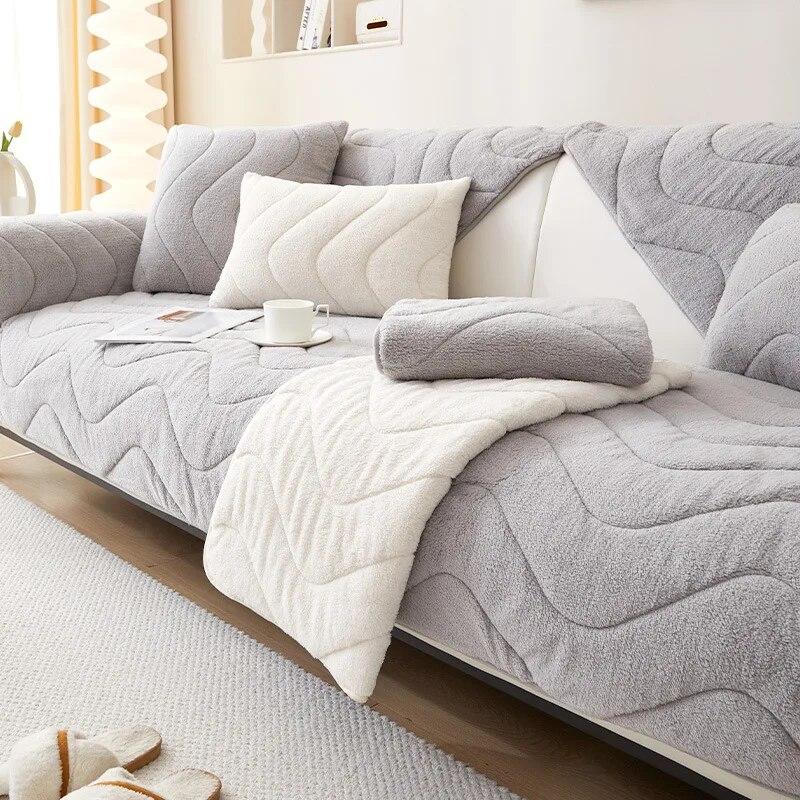 Nordische Patchwork Wellen Sofaüberzug Rutschfest Dickes Plüsch Sofa Kissenmatte für Wohnzimmer Ecksofa Heimdekoration