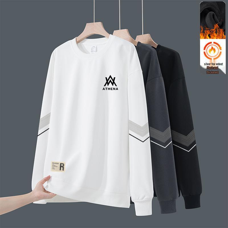 Men's Trendy Round Neck Hoodie: Autumn/Winter Loose Fit with Velvet, Long Sleeves, Versatile Casual Pullover