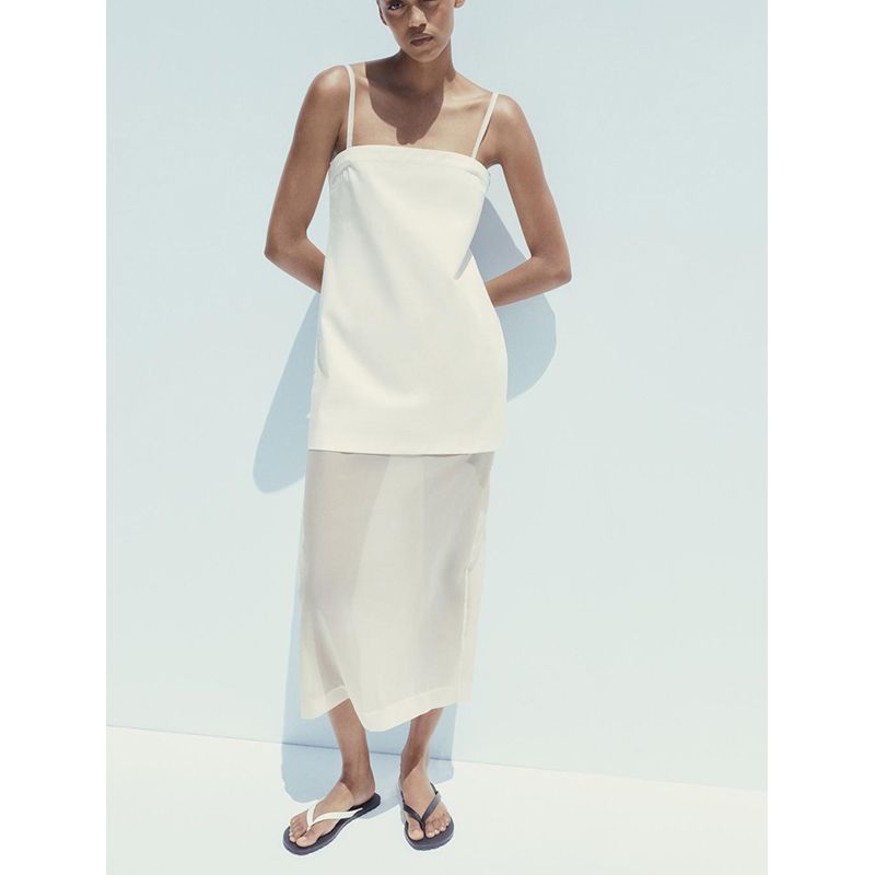 Summer New Product Women's Clothes Minimalist Straight Collar Sleeveless Transparent Organza Patchwork Midi Skirt Dress 4661394