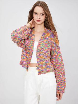 High-End European Floral V-Neck Long-Sleeve Knitted Cardigan for Women