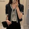 ZANZEA Women Lace-up Open Front Casual Short Sleeve Cardigan Blouse