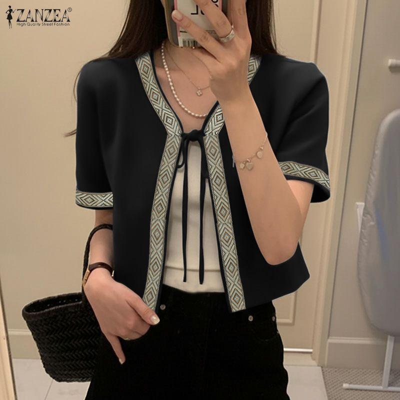 ZANZEA Women Lace-up Open Front Casual Short Sleeve Cardigan Blouse