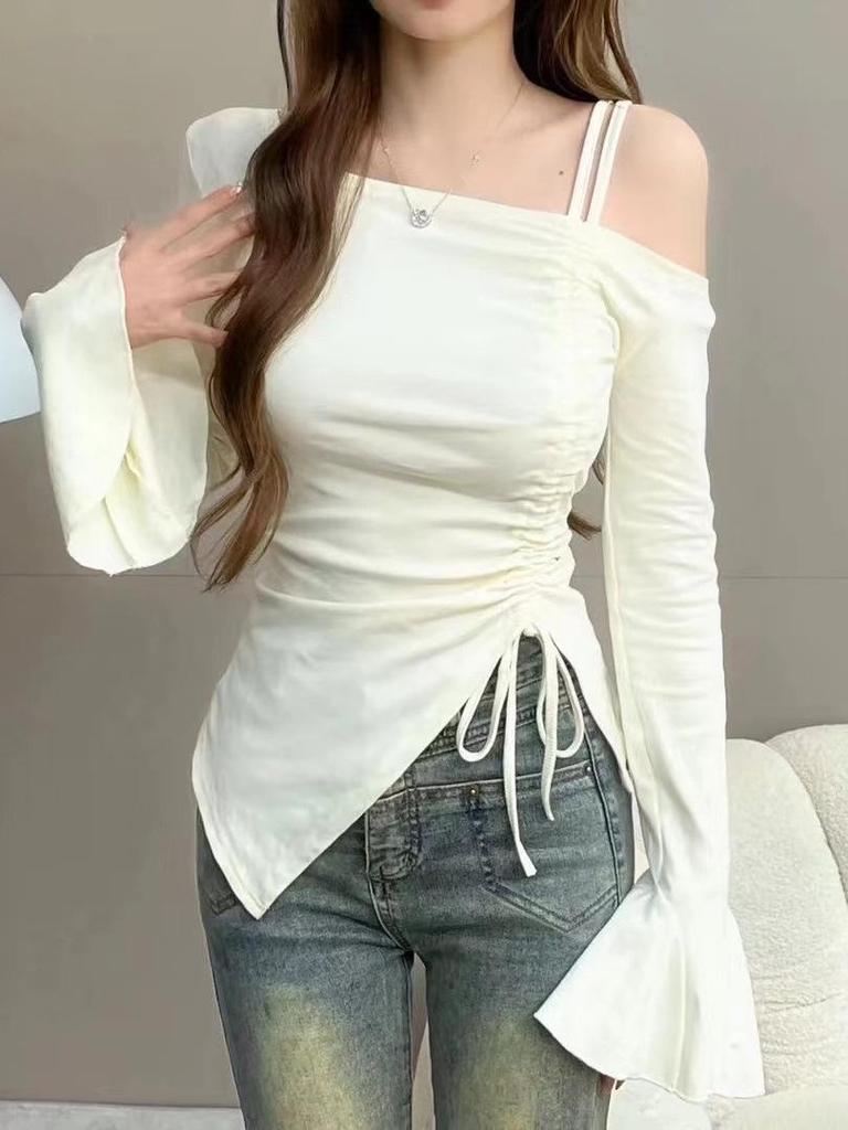 Women's French One-Shoulder Camisole with Flare Sleeve, Off-Shoulder Drawstring Design for Early Autumn