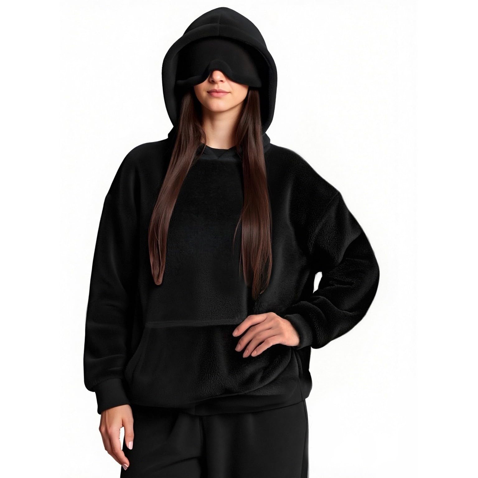 

Женская удобная пушистая толстовка с капюшоном и длинными рукавами с маской для глаз S чёрный