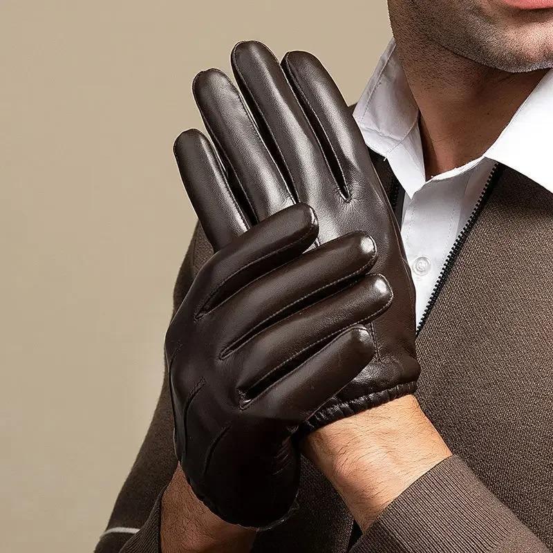 Velvet Linning Men Business Sheepskin Leather Gloves Winter Full Finger Touch Screen Brown Gloves Riding Motorcycle Gloves