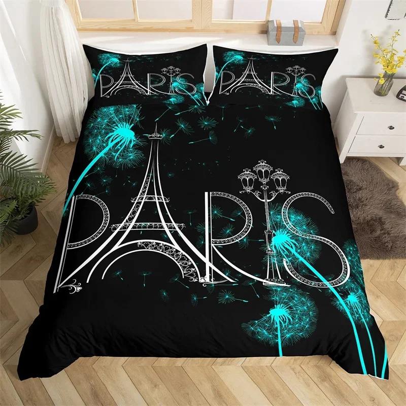 Paris Duvet Cover Set Eiffel Tower Bedding Set Queen Polyester Romantic French Flower Quilt Cover For Girl Teen Women Room Decor