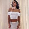 M European and American Women's Clothing Summer New Solid Color One-word Neck Pleated Sleeves Backless Casual Short Top T-shirt