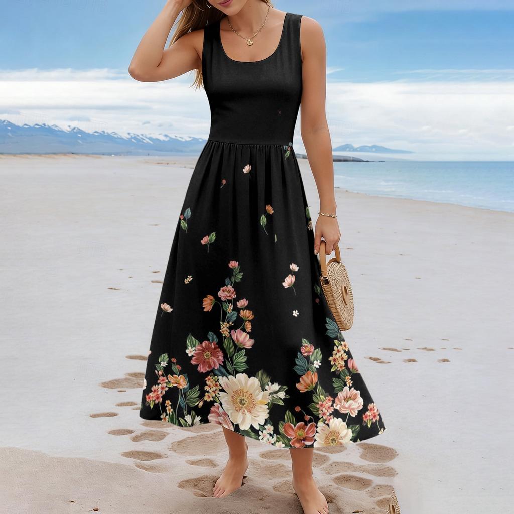 Ladies' floral summer casual and fashionable sleeveless long dress