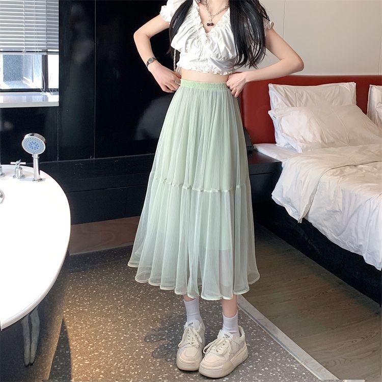 Mesh Midi Skirt for Women In Spring and Summer High Waist Slimming Effect Medium To Long Style Pleated Skirt Loose and Stylish Gauze Skirt
