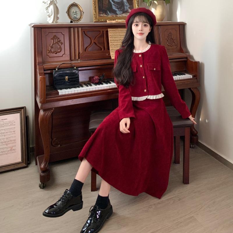 Xiaoxiangfeng suit dress autumn slim top large size red corduroy skirt