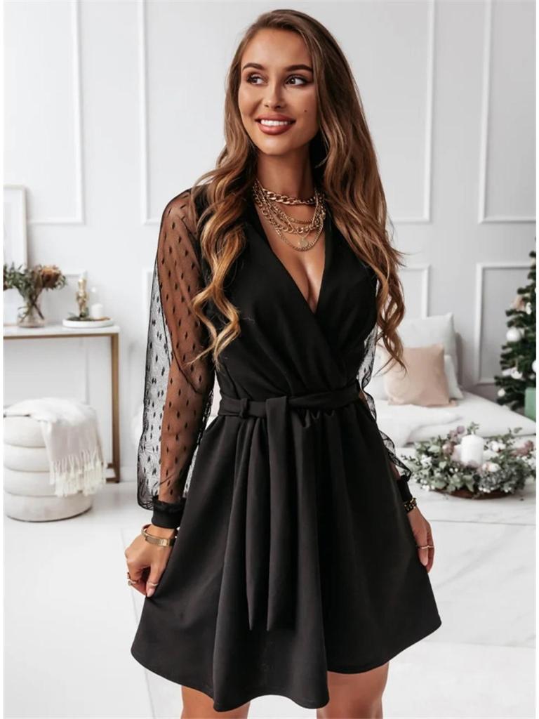 V Neck Lace Long Sleeve Women  Dresses High Waist Splicing Dress Girl Cocktail Evening Dresses