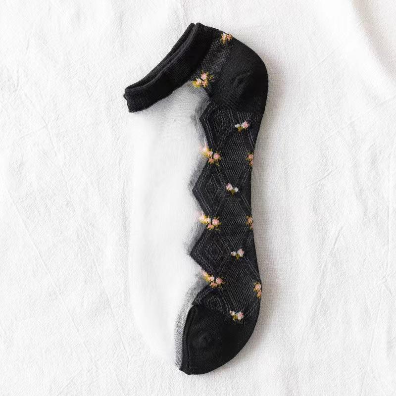 1Pcs Women Fashion Summer Glass Stockings Women Thin Stockings Small Floral Card Silk Socks Transparent Color Cotton Socks