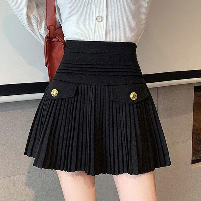 Autumn Winter Pleated A-Line Skirts High Waist Elegant Women's Clothing Korean Fashion Spliced Basic Solid Color Mini Skirts New