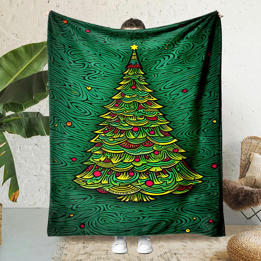 Christmas Tree Print Flannel Throw Blanket - Contemporary Style, Digital Printing, Non-Woven Polyester, All-Season Comfort, Reve