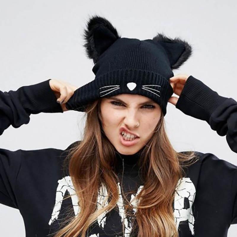 Stylish Cat Ears Women Hat Knitted Acrylic Warm Winter Beanie Caps For Ultimate Warmth
