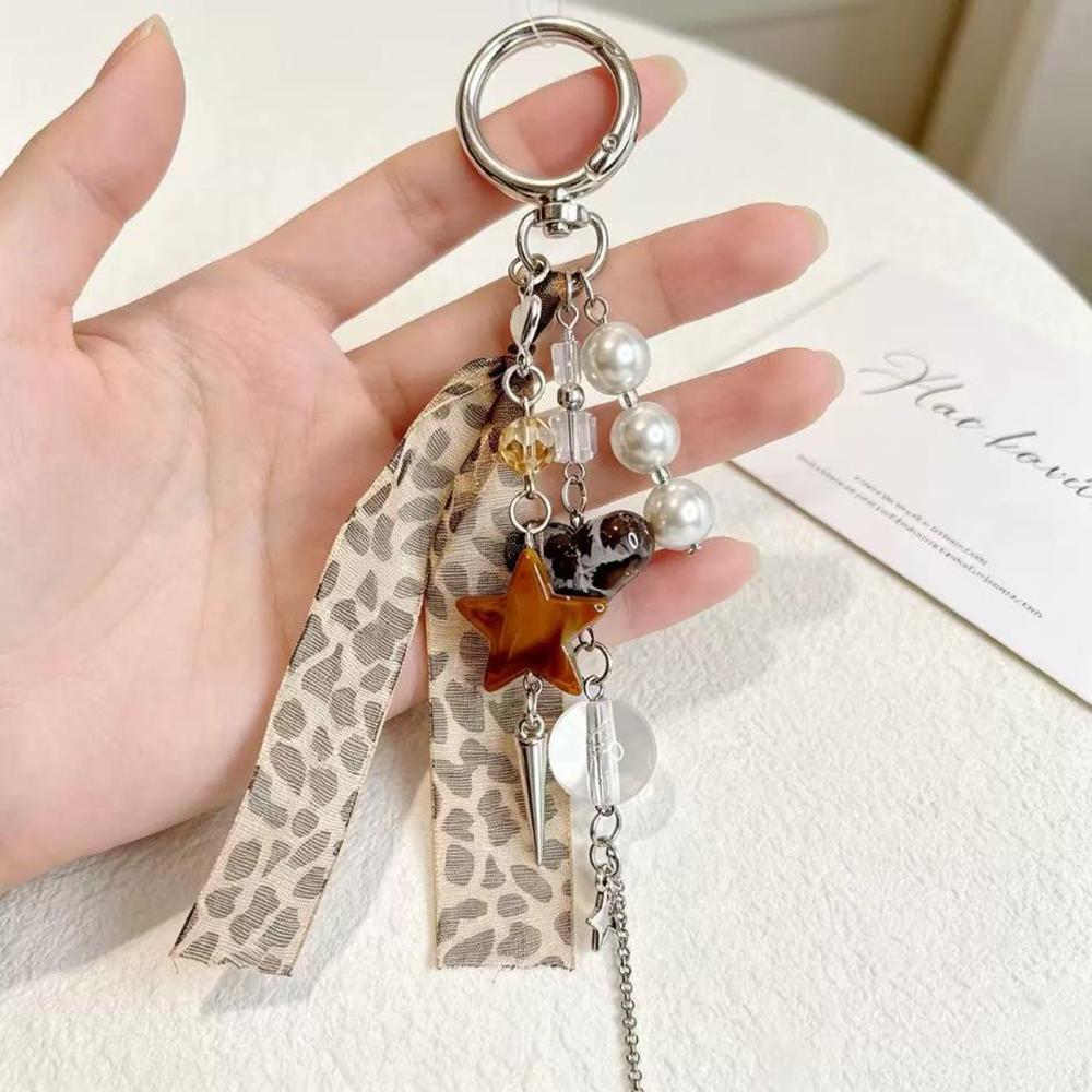 Cat Star Leopard Ribbon Tassel Pearl Bead Bag Charm Punk Gothic Backpack Accessories Bag Charm