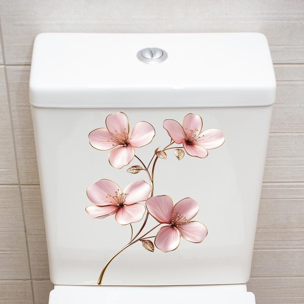 Light Luxury Style Golden-edge Pink Flower Toilet Stickers, Bathroom Wall Decorative Stickers