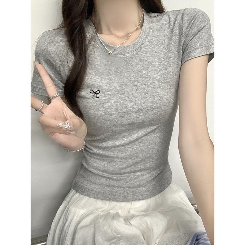 2025 Summer Women's Bow Embroidered Slim Fit Short-Sleeve T-Shirt - Sweet Straight Shoulder Round Neck