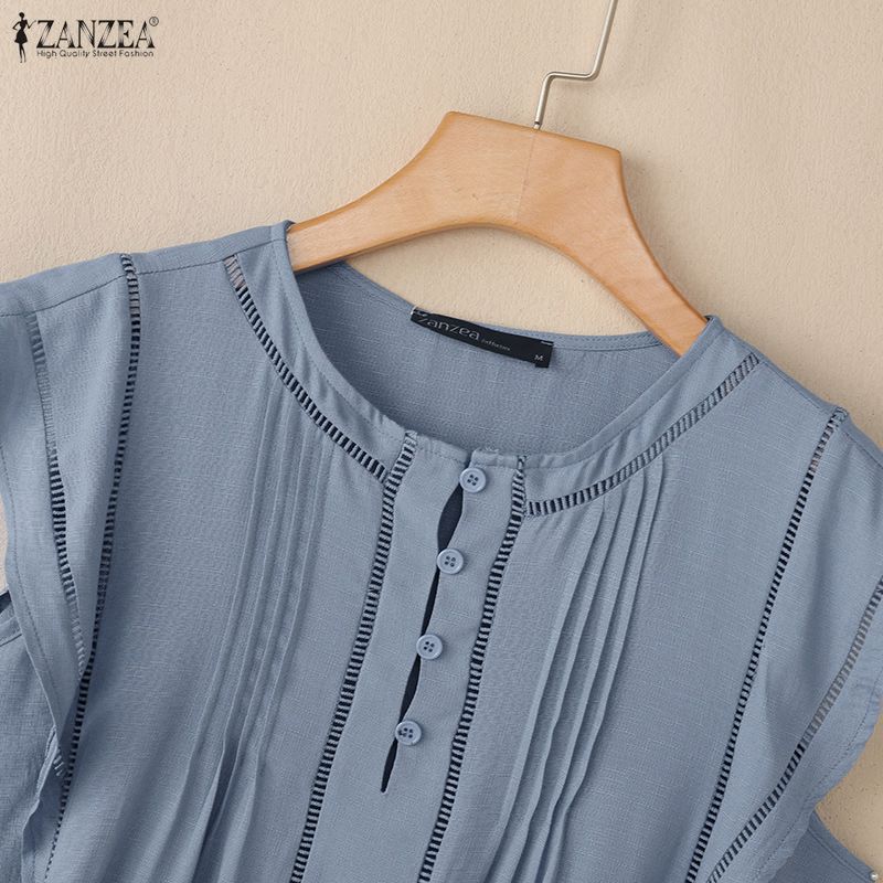 ZANZEA Women Casual Round Neck Solid Color Summer Short Sleeve Blouse