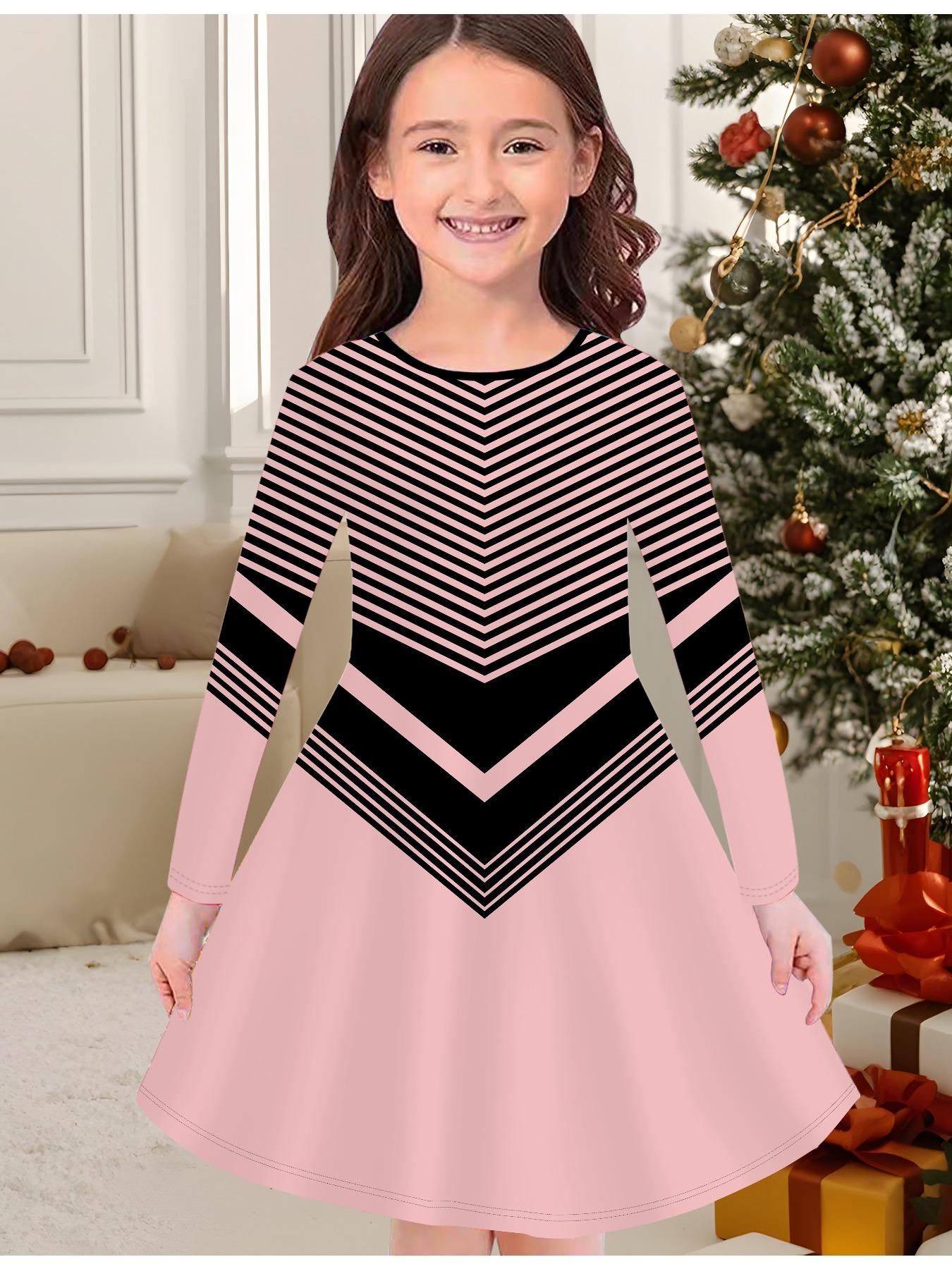 

Модное осенне-зимнее платье для девочек, принт с 3D геометрическим узором, с круглым вырезом, длинное детское платье-футболка, повседневное универсальное, рождественская одежда 170 розовый