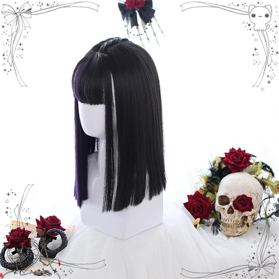 Long Ombre Colorful Synthetic Cosplay Lolita Harajuku Wig With Bangs Natural Wavy Wigs Black Highlights Purple Daily Wig