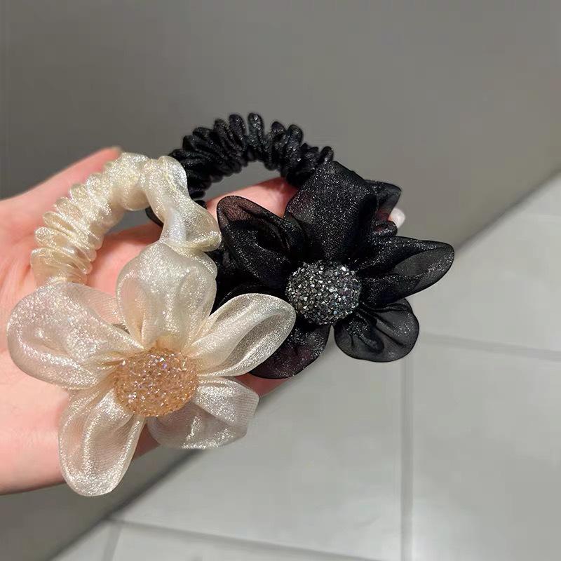 Korean Light Luxury Rhinestone Sunflower Mesh Scrunchie - Organza Elastic Hair Accessory for Women