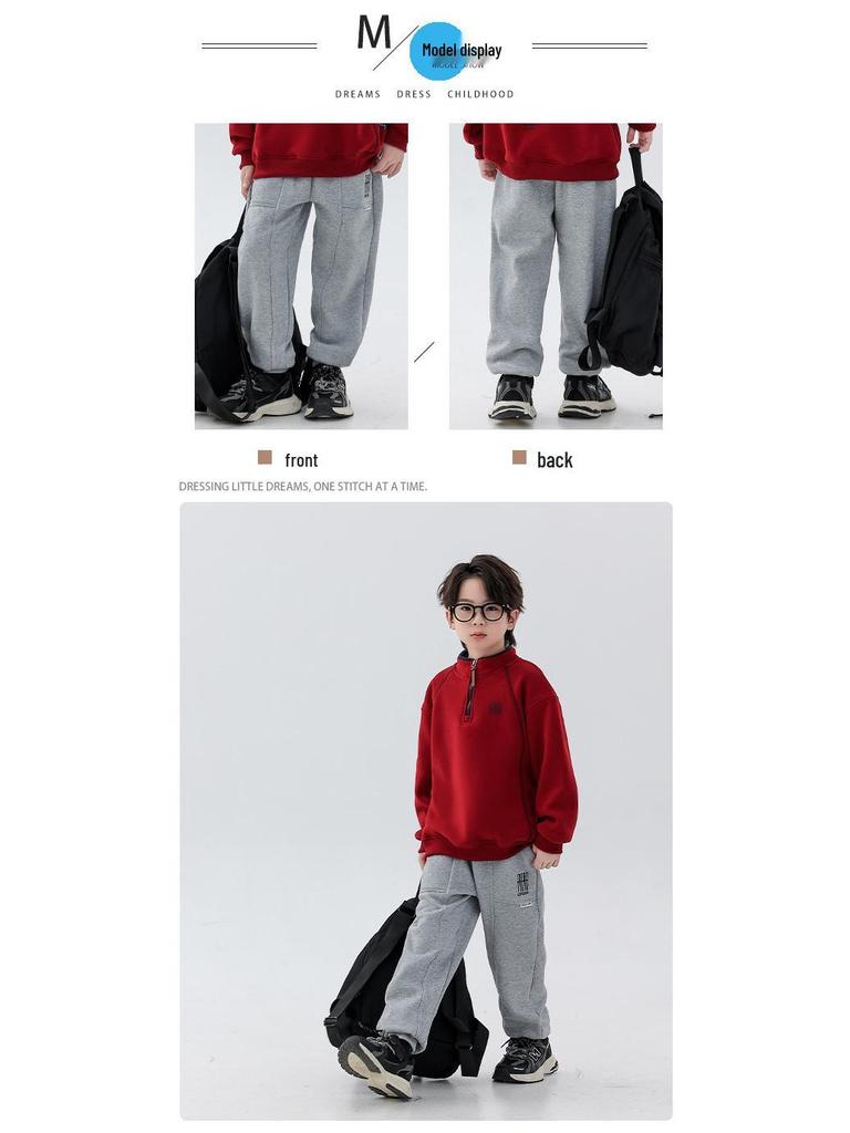 Boys' Plush Fleece Sweatpants - 2025 Autumn/Winter Collection: Thick, One-Piece, Loose Fit for Older Kids
