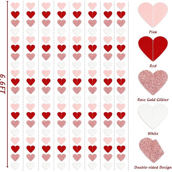 Valentines Decorations Red Pink White Rose Gold Glitter Heart Garland Strings - 8 Packs Paper Heart Garland Banner for Valentine's Day Mothers Day