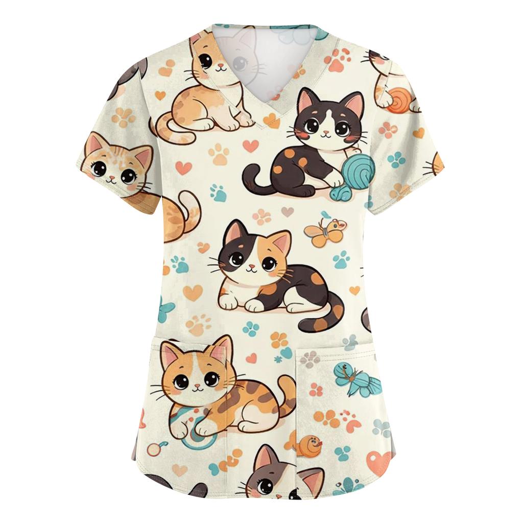 Women's Casual Short-Sleeve Cute Animal Print V-Neck Pocket Workwear Top