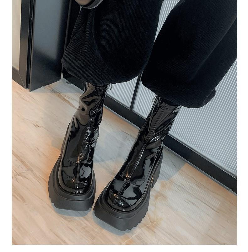 Raised Bottom Square Head Thick Heel High Boots Women's 2025 Autumn and Winter New Glossy Thick-soled Waterproof Table Elastic Thin Boots