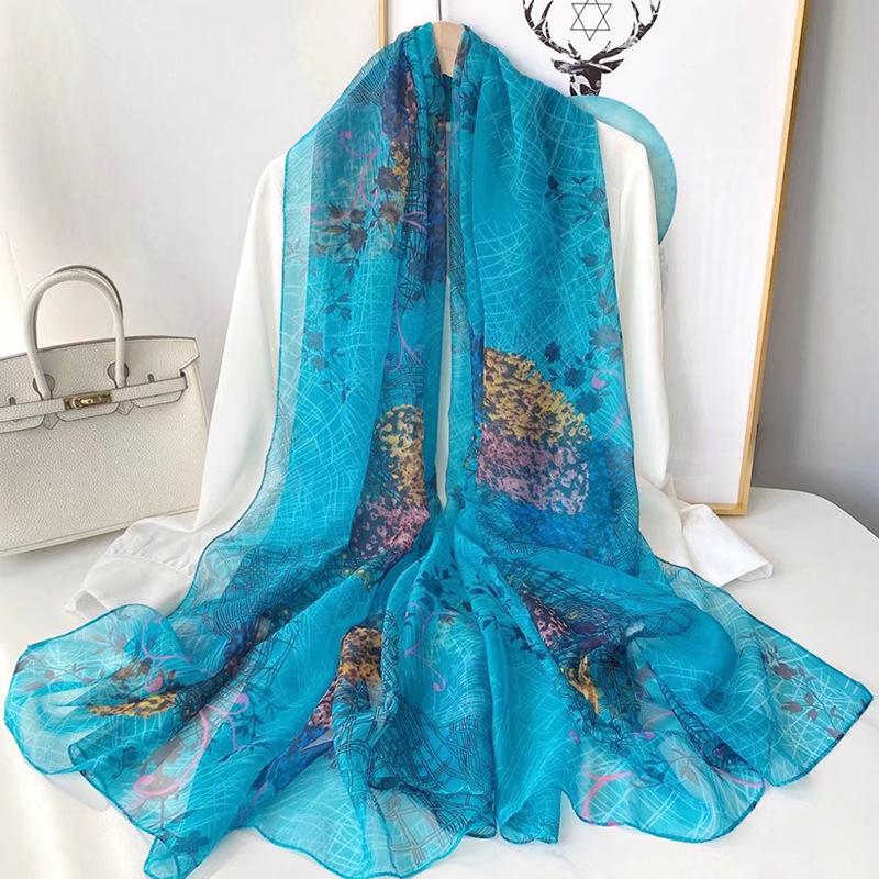 Classic Floral Silk Gauze Scarf - Versatile, Lightweight Sun Protection Shawl for Women, Ideal for Spring, Summer, and Autumn