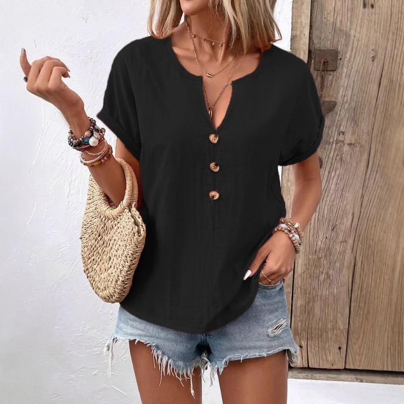 Summer Women's Button Up V-neck Short Sleeved T-shirt Top
