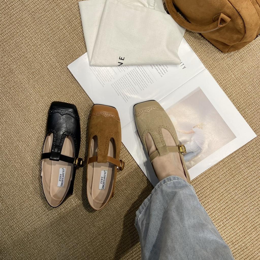 Retro Carved Square Head Niche Design Single Shoes Flat-soled Small Leather Shoes Women Niche Design French Mary Jane Single Shoes Women