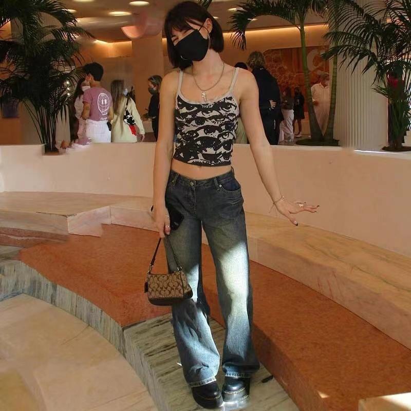 Gothic Portrait Print T-shirt Aesthetic Crop Tops Short Sleevle Vest Tees Harajuku Streetwear White Suspenders Women Clothes