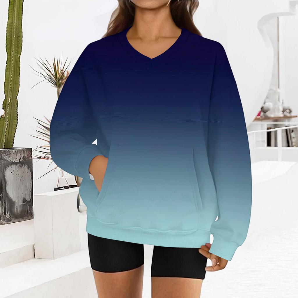 Damenmode Sweatshirt mit Farbverlaufdruck, langen Ärmeln und V-Ausschnitt