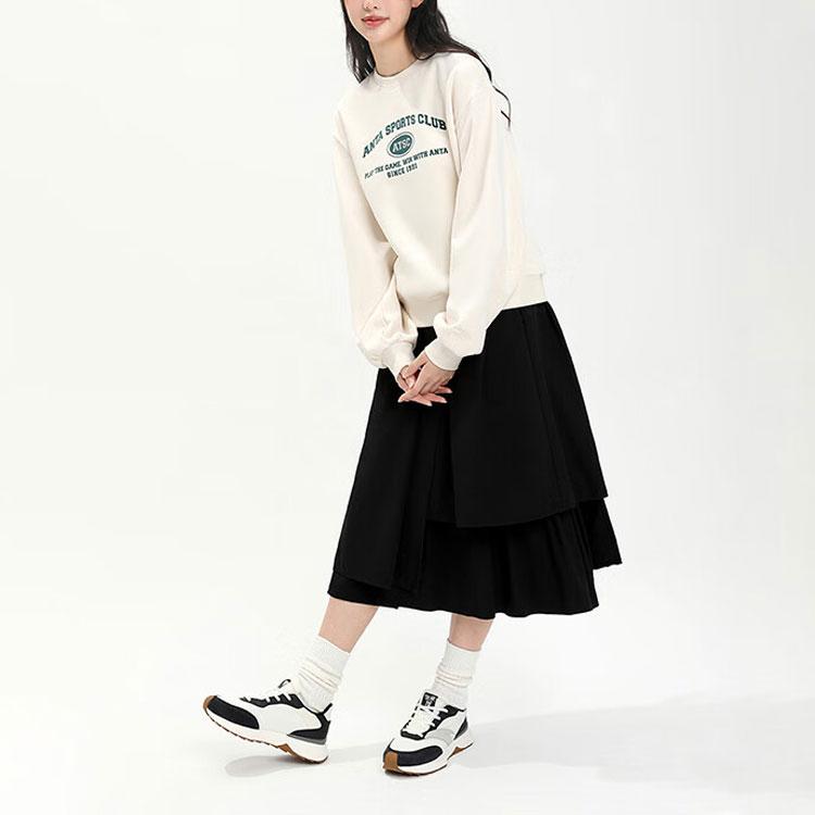 Anta Lifestyle Series Letter Round Neck Pullover Loose Fleece Sweatshirt Women Sweatshirt Stone-White 162348706-1