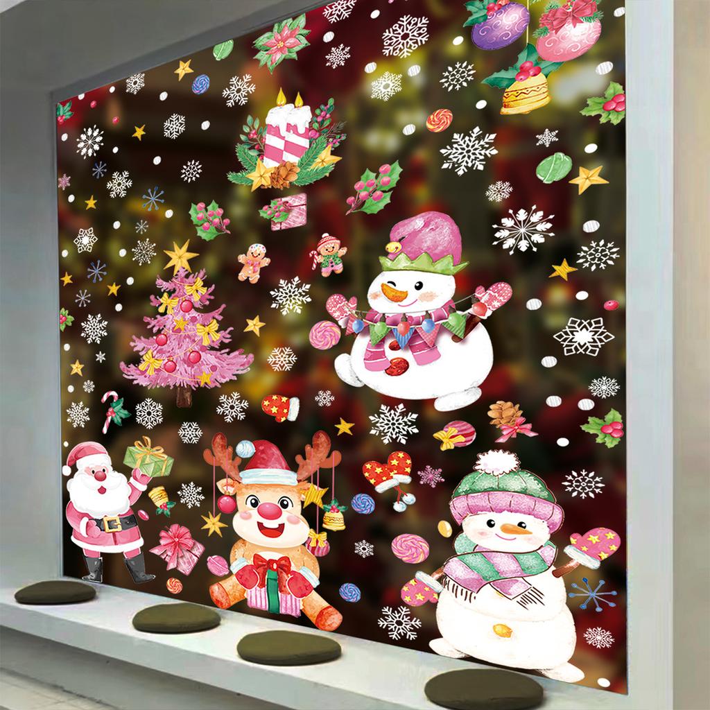 Christmas Pink Santa Claus Stickers Xmas Ball Garlands Bell Snowman Static Stickers Merry Christmas Decor Happy New Year