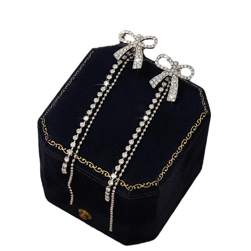 Korean Diamond Bow Tassel Long Earrings: Elegant, Simple, Versatile Fashion for Women