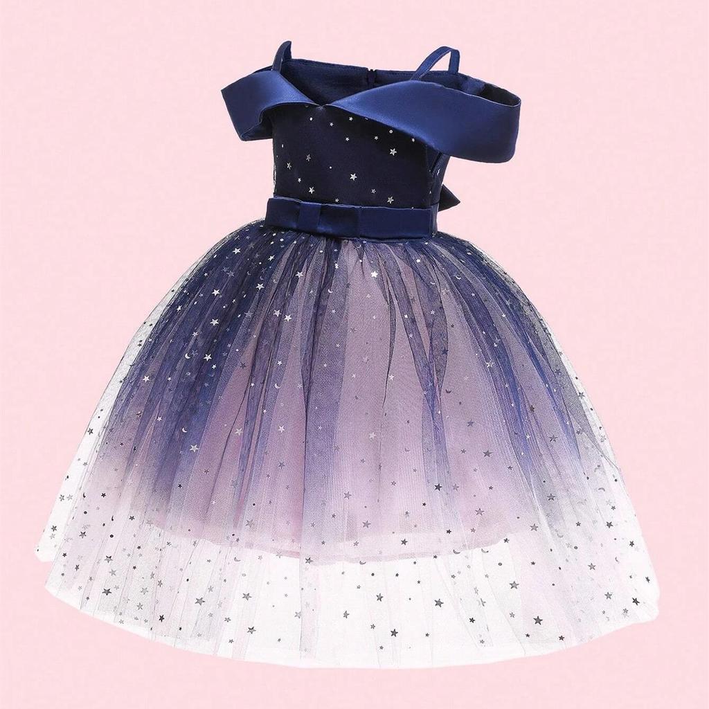 Toddler Girls Cold Shoulder Galaxy Mesh Party Dress Casual Dresses Kids Princess Pageant Gown Christmas Party Paillette Wedding Dress