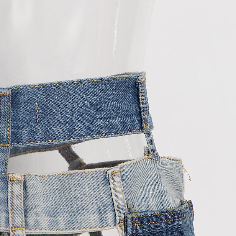 Summer Collision Color Stitching Hollow Out Buckle Design Sense of Work Style Short Half Skirt