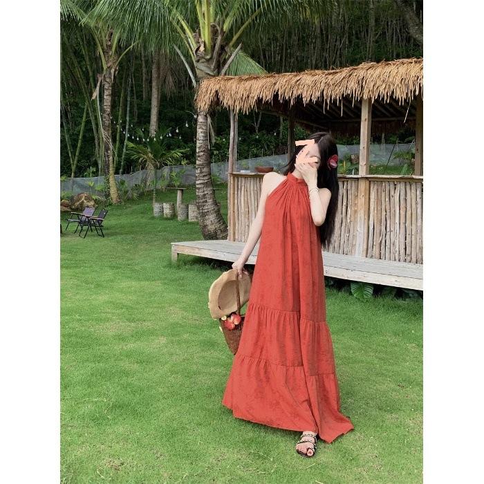New Chinese Retro Red Neck Dress 2026 Summer Temperament Simple Long Dress Travel Photo Good-looking Skirt