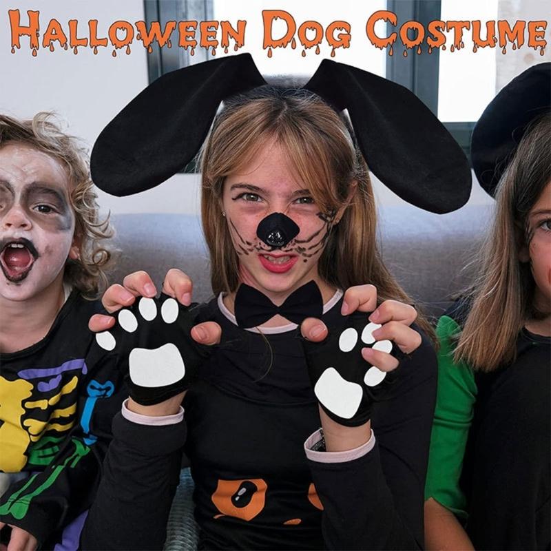 Akcesoria do Kostiumu Psa Opaska na Głowę z Uszami Psa Nos Ogon Mucha Rękawiczki i Spódniczka, Dziecięcy Kostium Zwierzęcia na Halloween