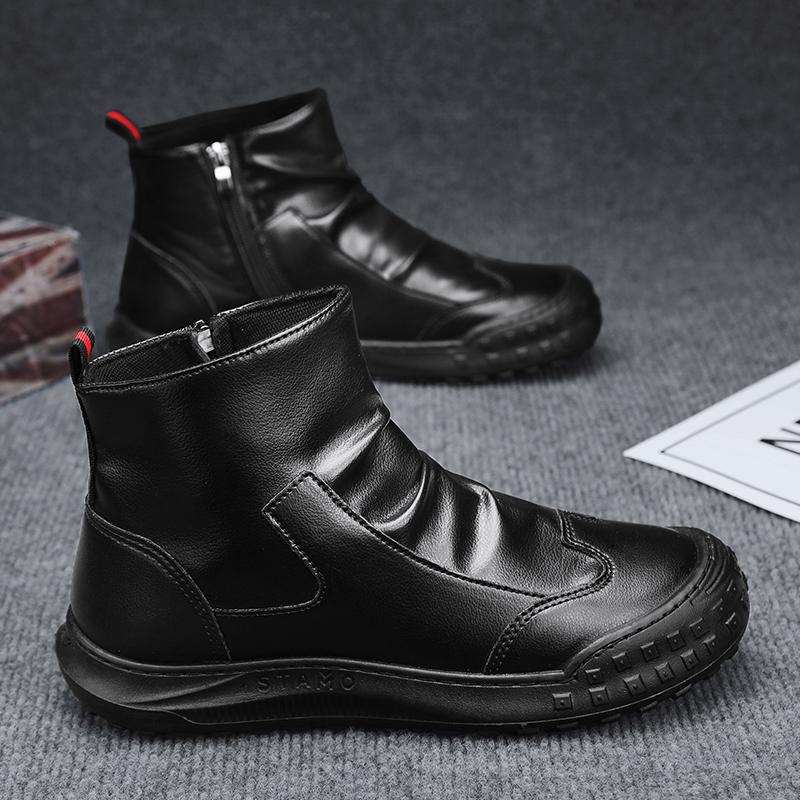 Fashion Leather Men's Boots Anti Slip High Shoes Autumn Flat Zipper Pleated Non Slip Comfort Thick Soled Wear-resistant Fashion Boots