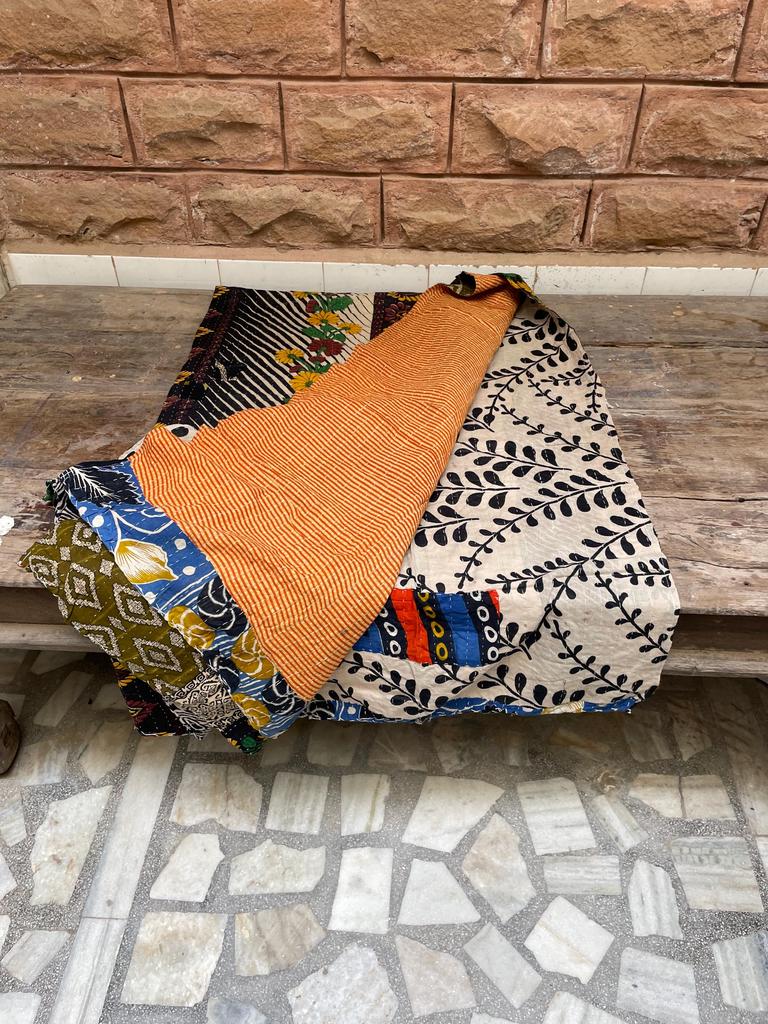 Handmade Kantha Quilt: Floral & Striped Bohemian Bedspread