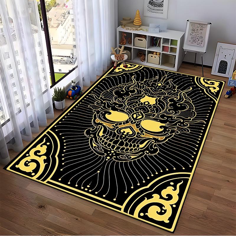 Modern Black and Gold Skull Pattern Carpet with Decorative Design Suitable for Use As an Anti-slip for Living Room Bedroom Sofas