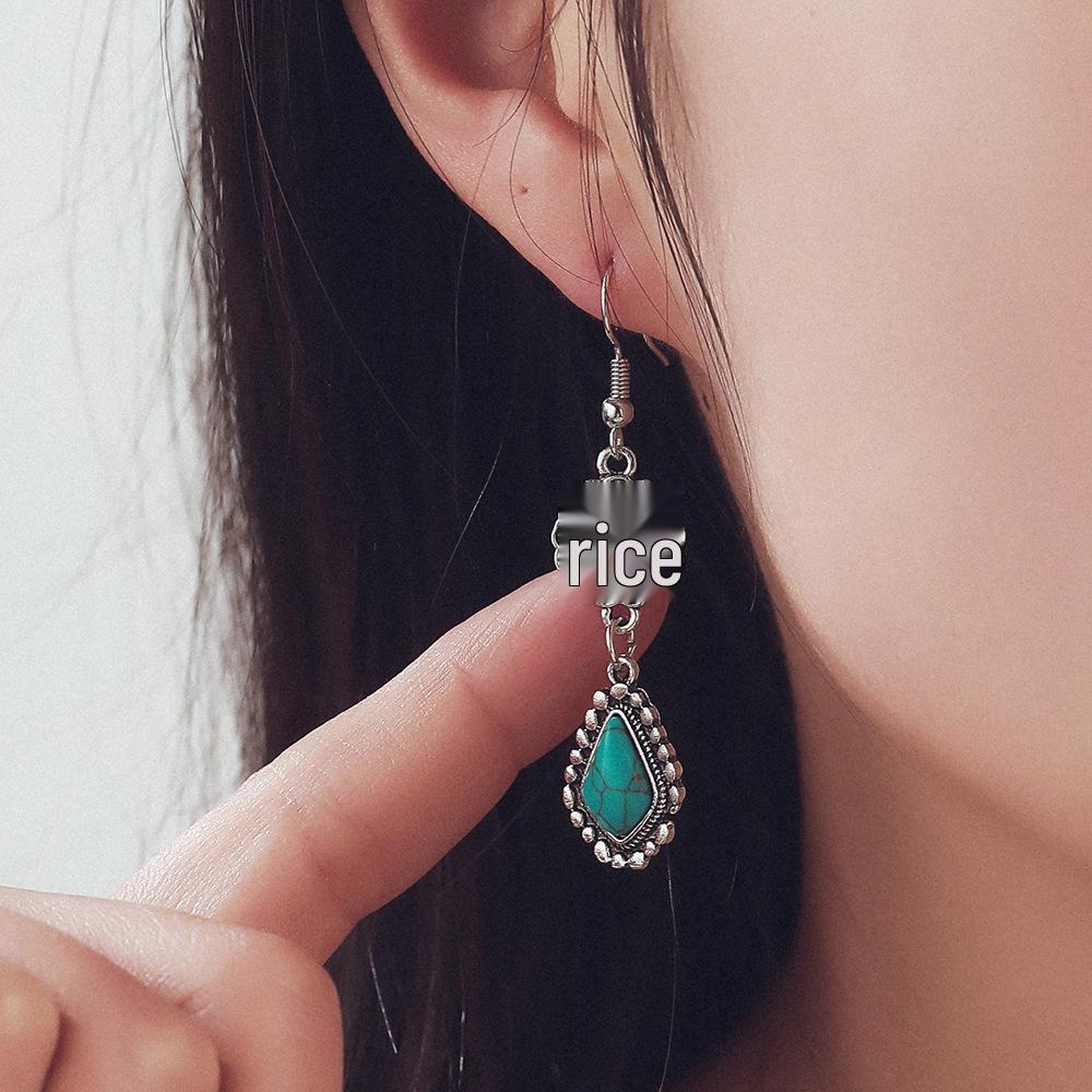Bohemian Retro Carved Turquoise Long Earrings - European & American Style