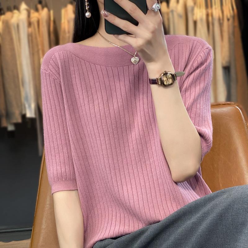 Five Quarter Sleeve Knitted Sweater for Women Solid Color Loose Sweater Casual Base Shirt French Style Mid Sleeve Sweater for Autumn