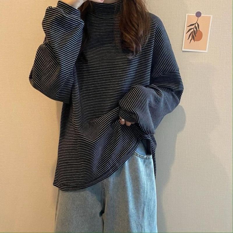 Gestreept Velours Warm T-shirt Herfst/Winter Nieuw Lange Mouw Velours Basis Shirt Damesmode Alles Passend Coltrui Top